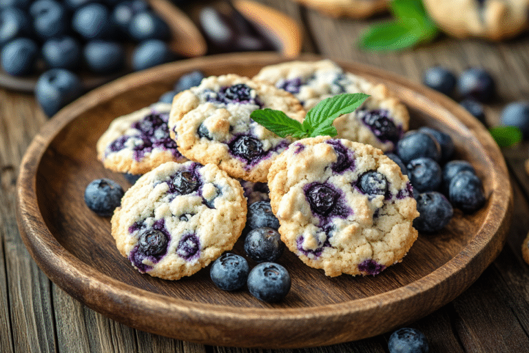 Cottage cheese blueberry cookies stacked on wooden plate showing texture