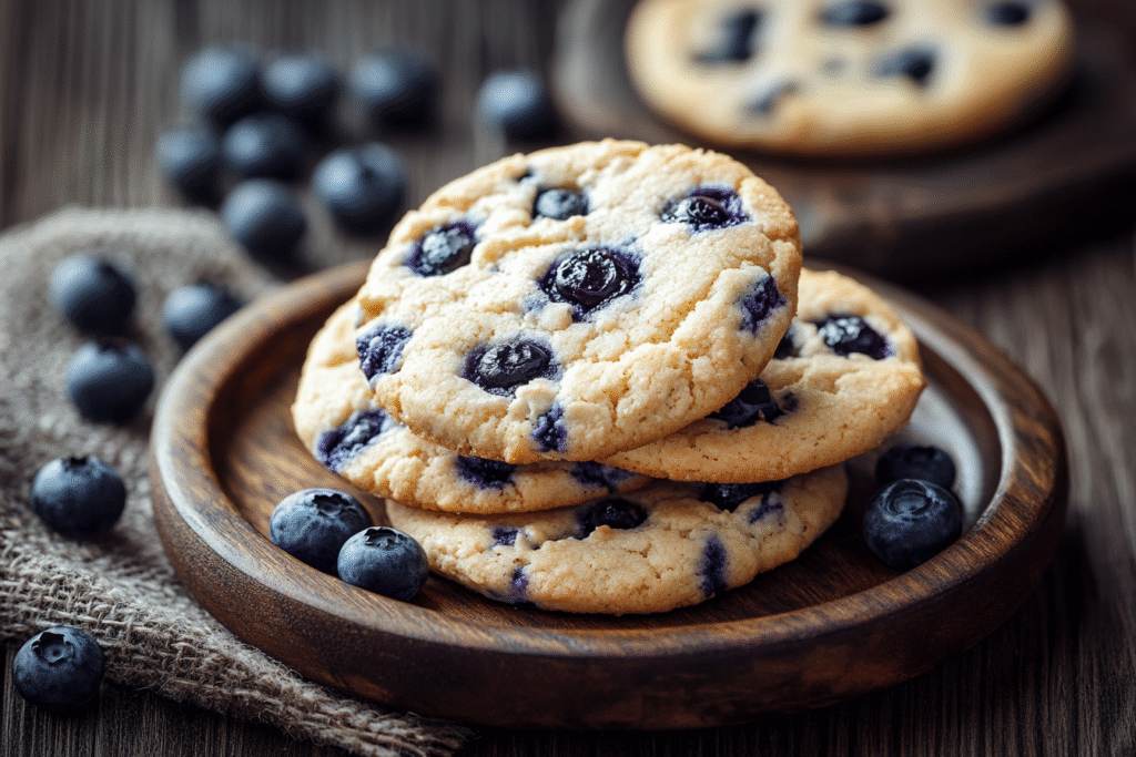 Cottage cheese blueberry cookies stacked on wooden plate showing texture
